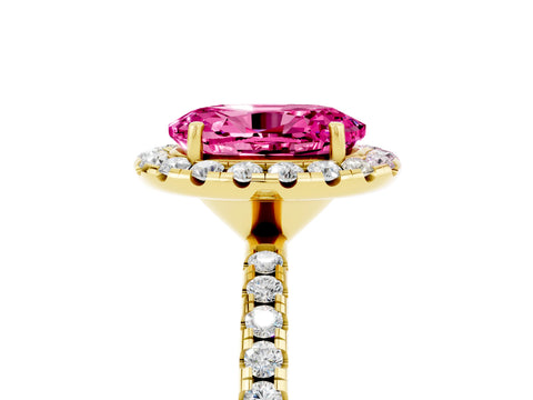Yellow gold Oval Cut Halo Round Diamond Pavé Band Four-Prong Ring_5