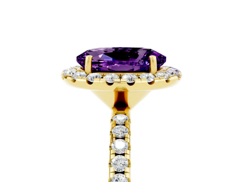 Yellow gold Oval Cut Halo Round Diamond Pavé Band Four-Prong Ring_5