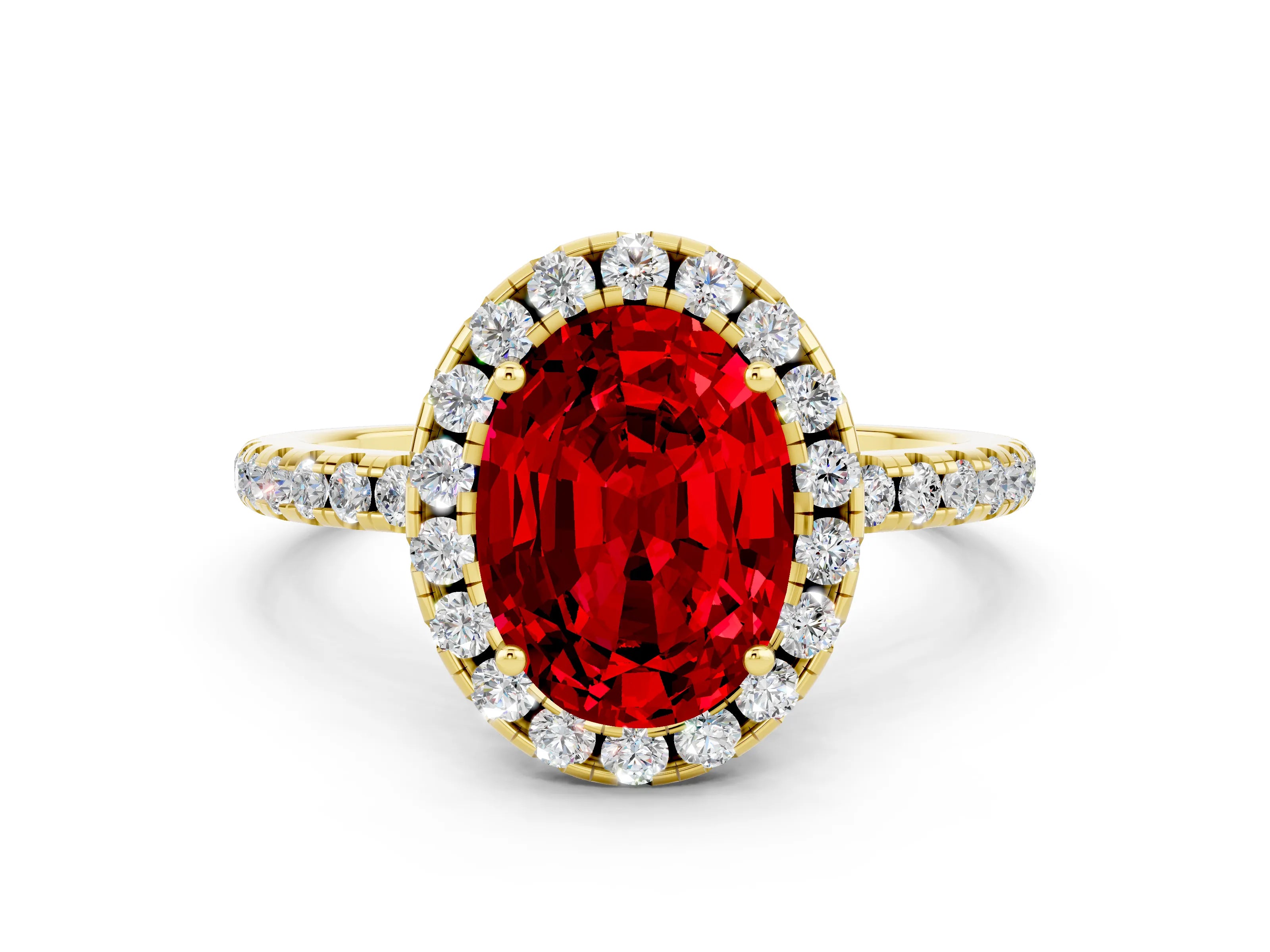 Yellow gold Oval Cut Halo Round Diamond Pavé Band Four-Prong Ring