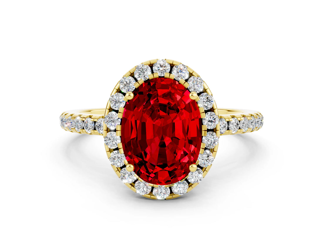 Yellow gold Oval Cut Halo Round Diamond Pavé Band Four-Prong Ring