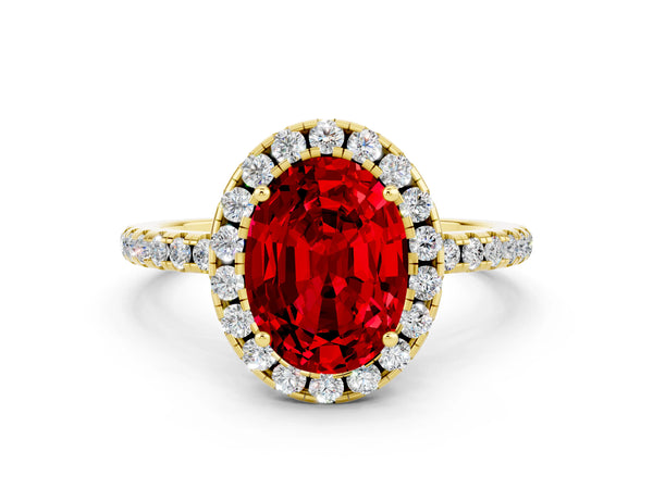 Yellow gold Oval Cut Halo Round Diamond Pavé Band Four-Prong Ring