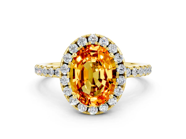 Yellow gold Oval Cut Citrine Halo Ring with Round Pavé Band and Prong Setting