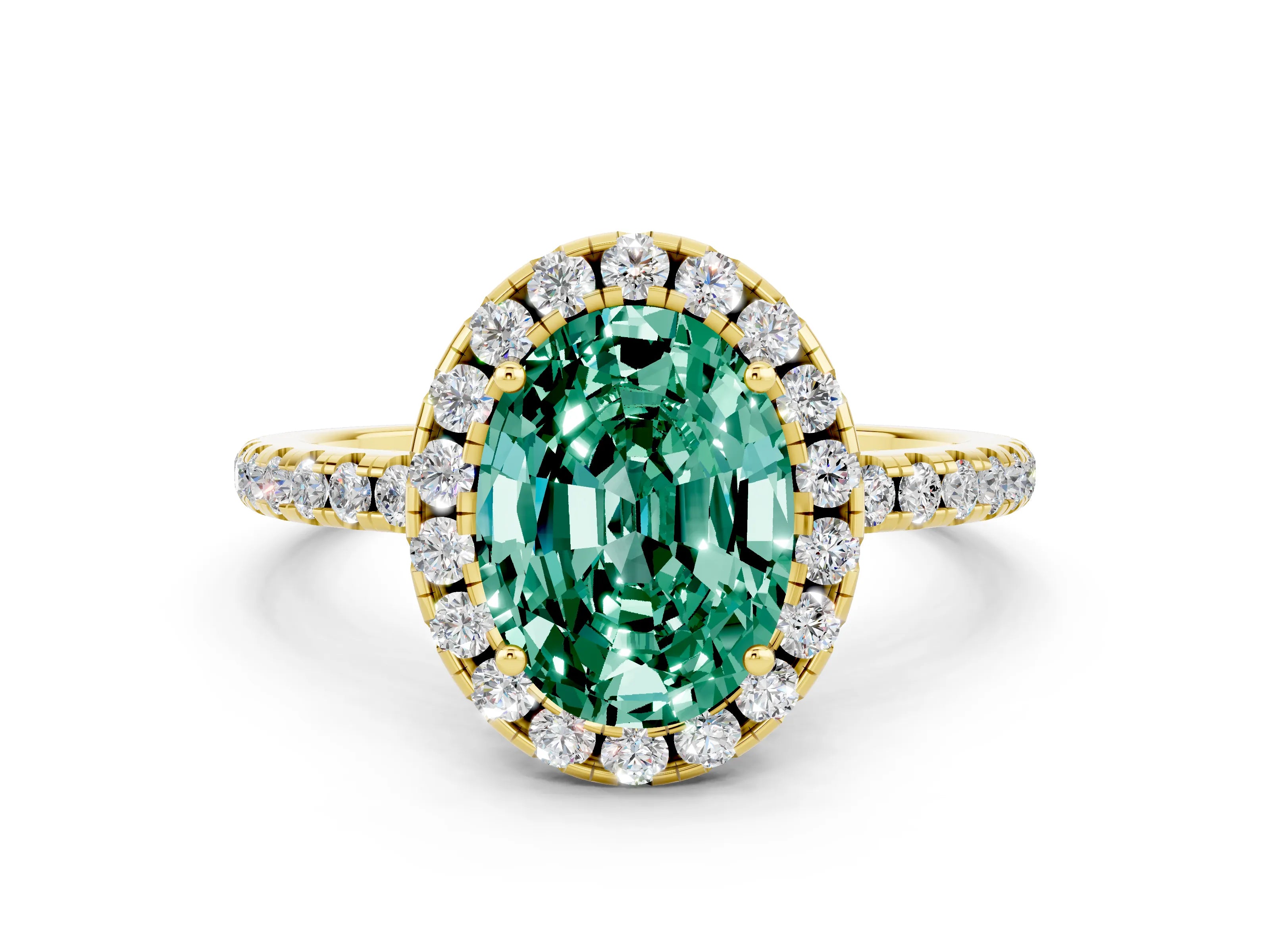 Yellow gold Oval Cut Halo Round Diamond Pavé Band Four-Prong Ring