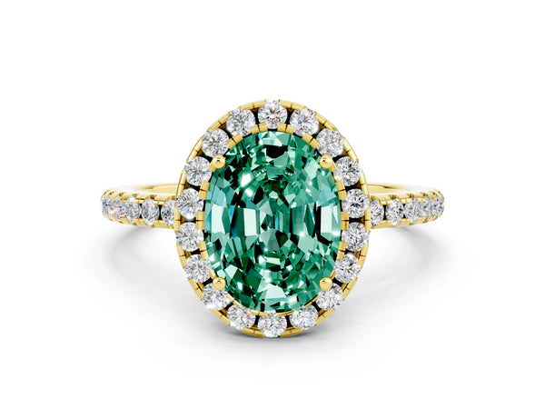 Yellow gold Oval Cut Green Sapphire Halo Ring with Round Pavé Band and Prong Setting