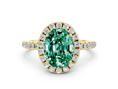 Yellow gold Oval Cut Halo Round Diamond Pavé Band Four-Prong Ring