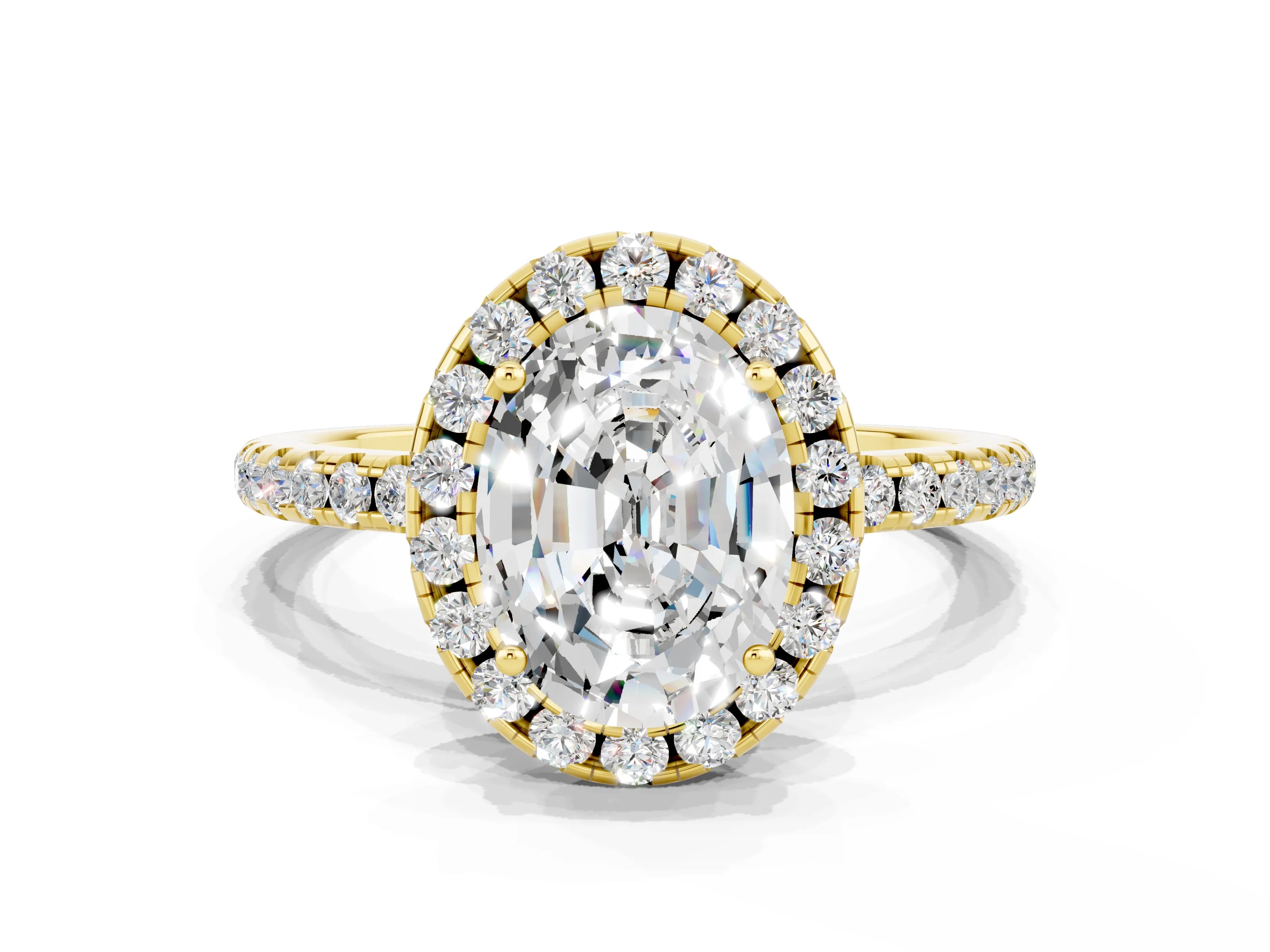 Yellow gold Oval Cut Halo Round Diamond Pavé Band Four-Prong Ring