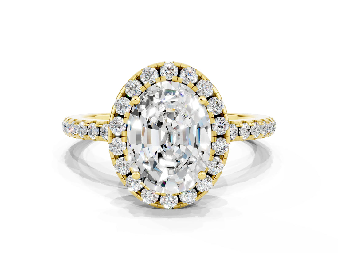 Yellow gold Oval Cut Halo Round Diamond Pavé Band Four-Prong Ring