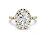Yellow gold Oval Cut Halo Round Diamond Pavé Band Four-Prong Ring