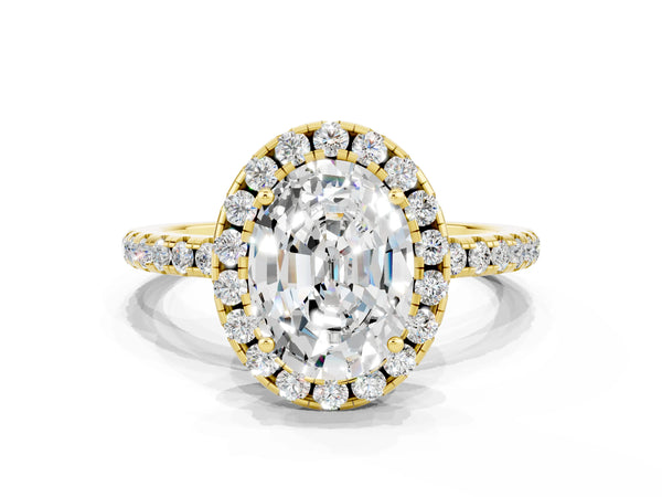 Yellow gold Oval Cut Moissanite Halo Ring with Round Pavé Band and Prong Setting