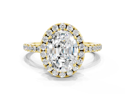 Yellow gold Oval Cut Halo Round Diamond Pavé Band Four-Prong Ring
