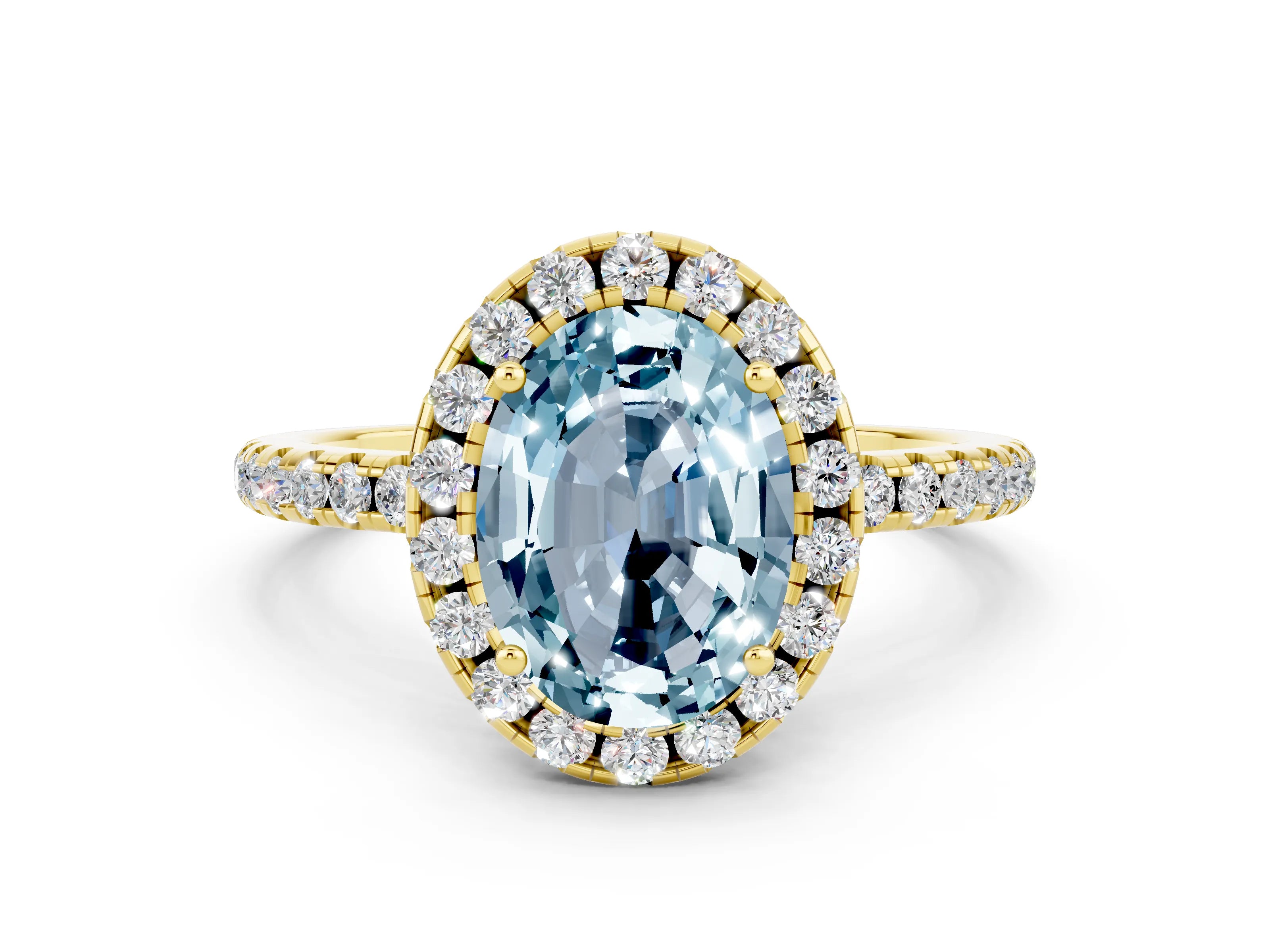 Yellow gold Oval Cut Halo Round Diamond Pavé Band Four-Prong Ring