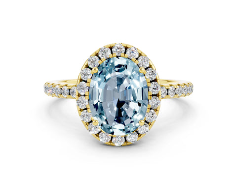 Yellow gold Oval Cut Halo Round Diamond Pavé Band Four-Prong Ring