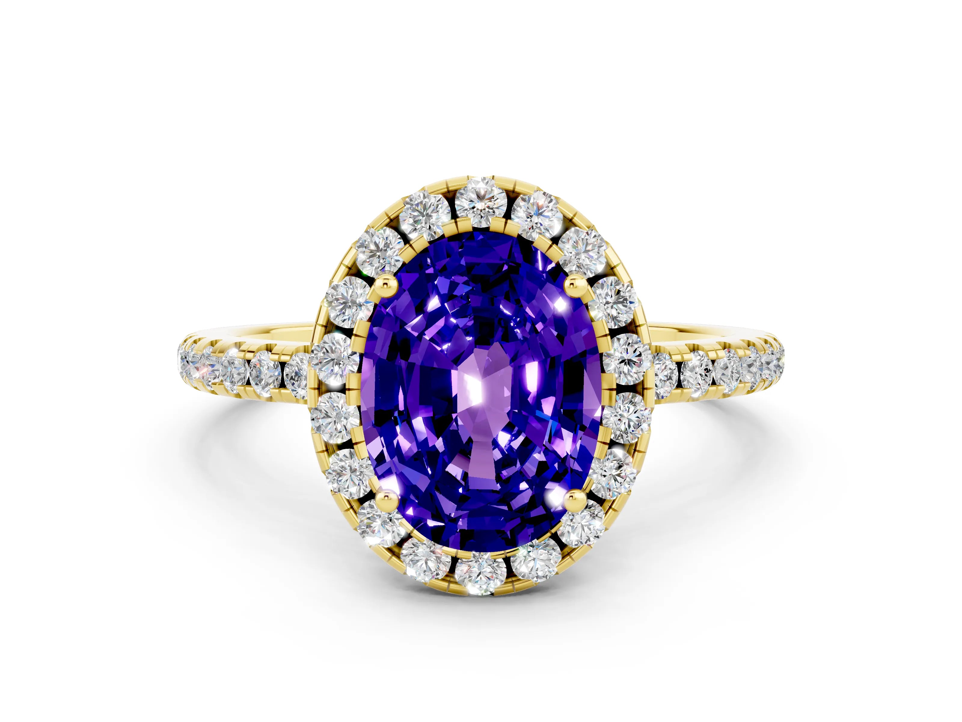 Yellow gold Oval Cut Halo Round Diamond Pavé Band Four-Prong Ring