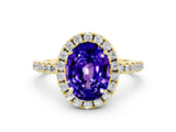 Yellow gold Oval Cut Halo Round Diamond Pavé Band Four-Prong Ring