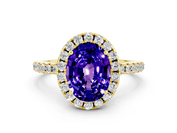 Yellow gold Oval Cut Tanzanite Halo Ring with Round Pavé Band and Prong Setting