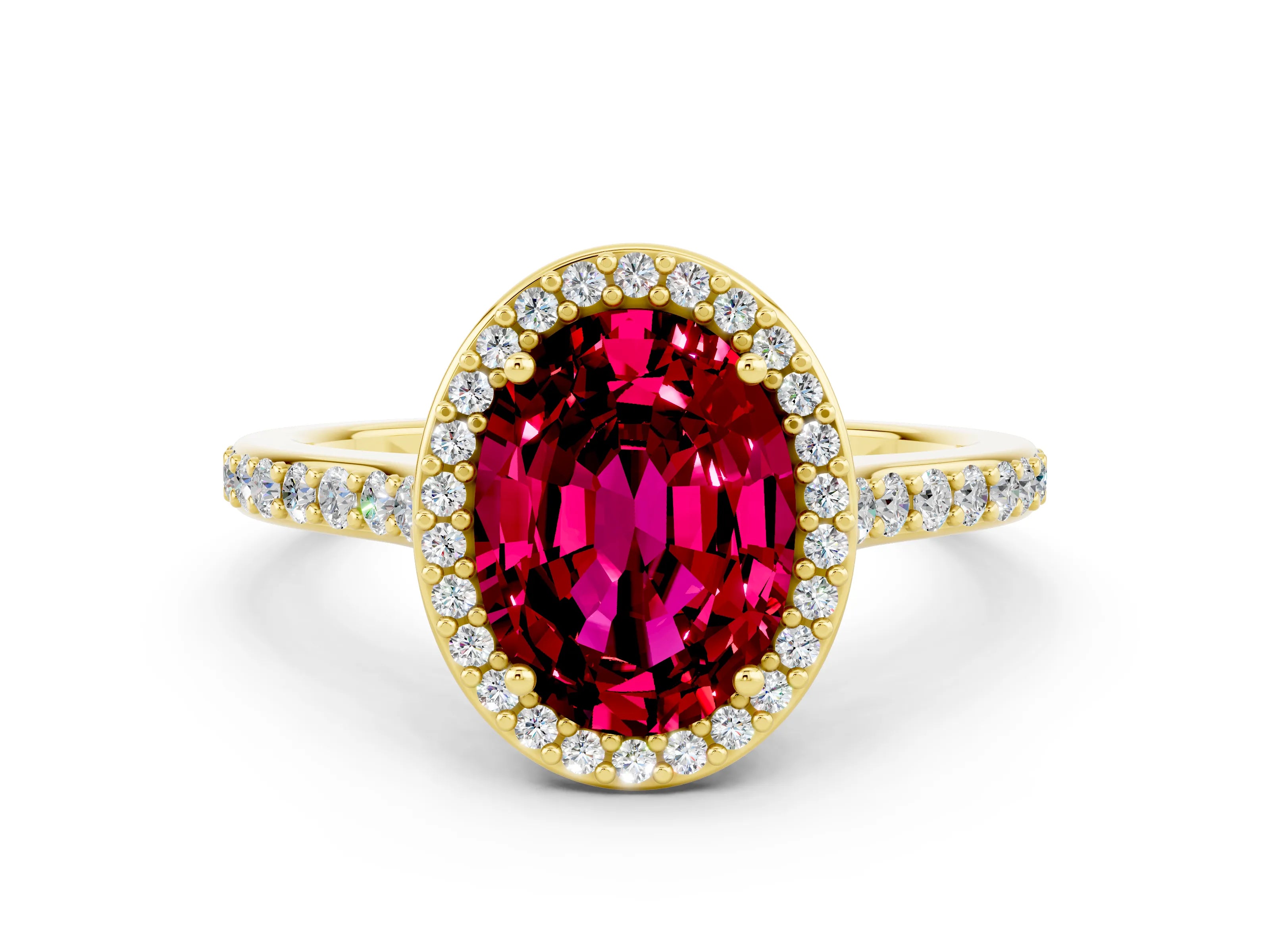 Yellow gold Oval Cut Halo Round Diamond Pavé Band with Four-Prong Setting