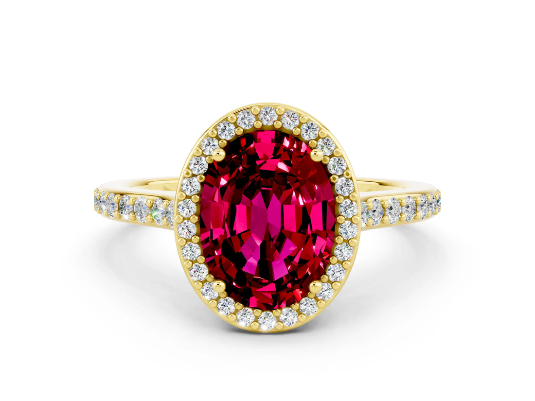 Yellow gold Oval Cut Halo Round Diamond Pavé Band with Four-Prong Setting