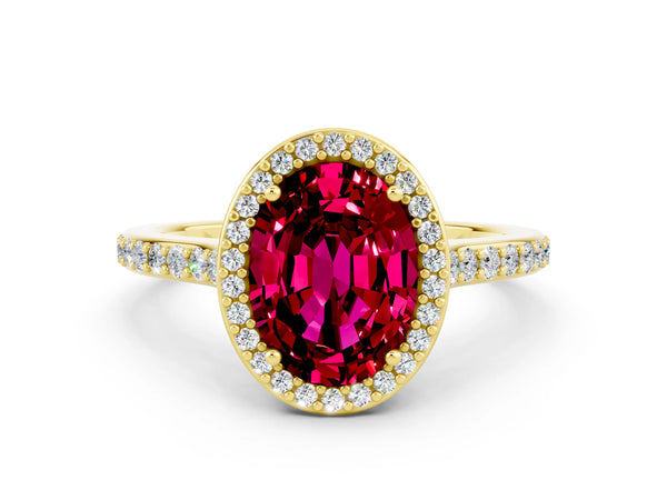 Yellow gold Oval Cut Garnet Halo Engagement Ring with Round Pavé Shoulders and Prong Setting