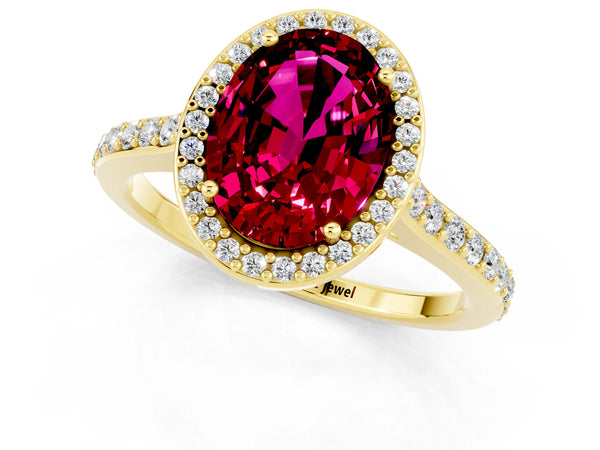 Yellow gold Oval Cut Garnet Halo Engagement Ring with Round Pavé Shoulders and Prong Setting