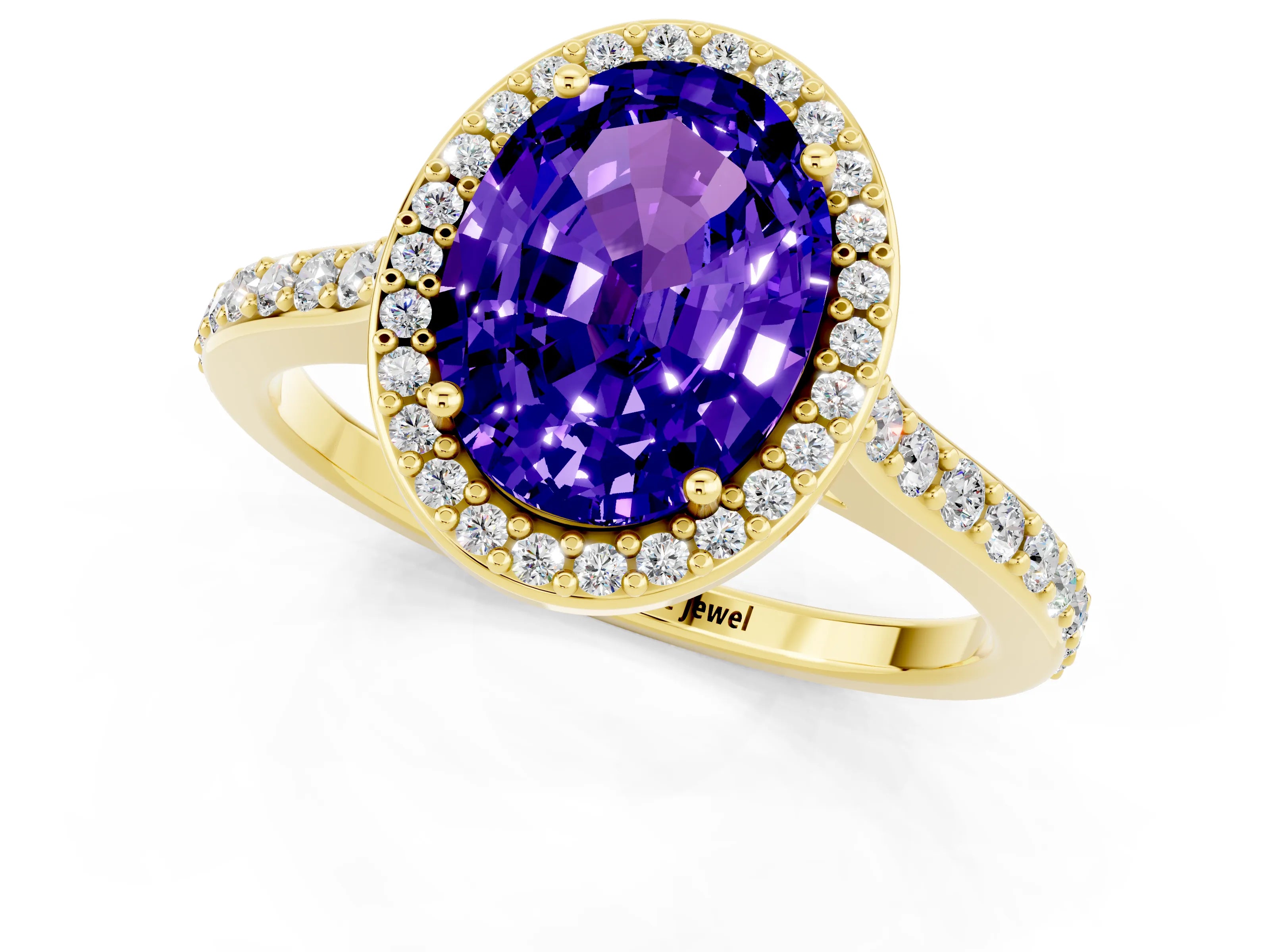 Yellow gold Oval Cut Halo Round Diamond Pavé Band with Four-Prong Setting_1