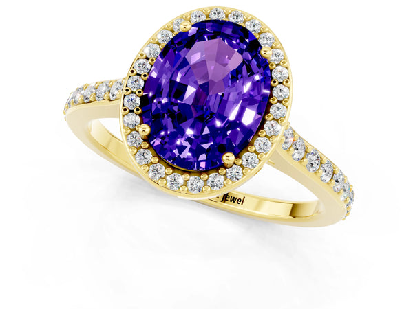 Yellow gold Oval Cut Tanzanite Halo Engagement Ring with Round Pavé Shoulders and Prong Setting