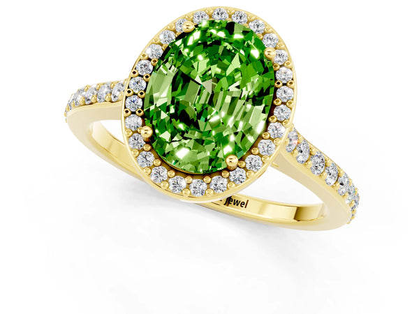 Yellow gold Oval Cut Halo Round Diamond Pavé Band with Four-Prong Setting