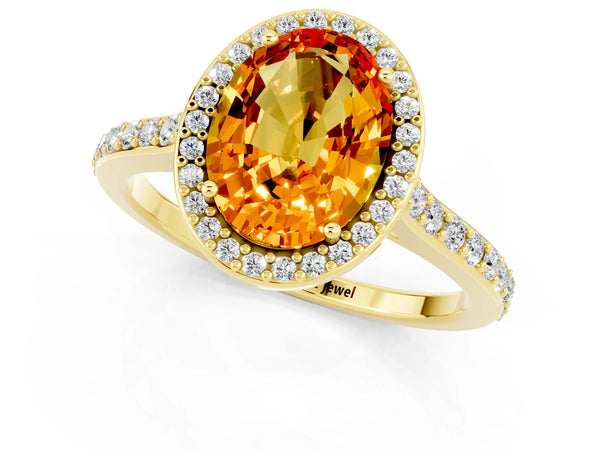 Yellow gold Oval Cut Citrine Halo Engagement Ring with Round Pavé Shoulders and Prong Setting