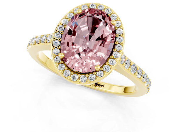 Yellow gold Oval Cut Halo Round Diamond Pavé Band with Four-Prong Setting
