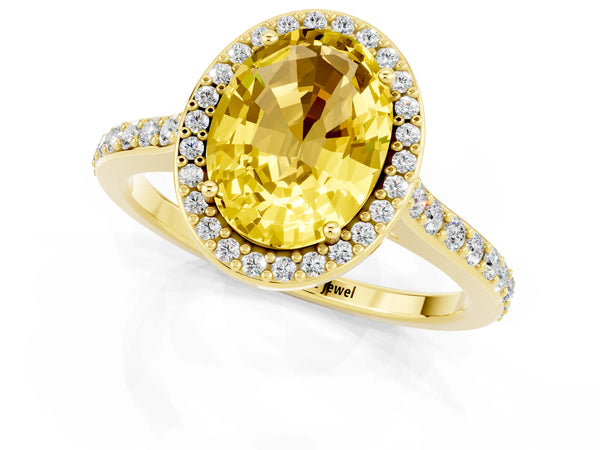 Yellow gold Oval Cut Yellow Sapphire Halo Engagement Ring with Round Pavé Shoulders and Prong Setting