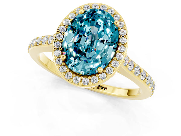 Yellow gold Oval Cut Halo Round Diamond Pavé Band with Four-Prong Setting