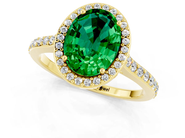 Yellow gold Oval Cut Emerald Halo Engagement Ring with Round Pavé Shoulders and Prong Setting