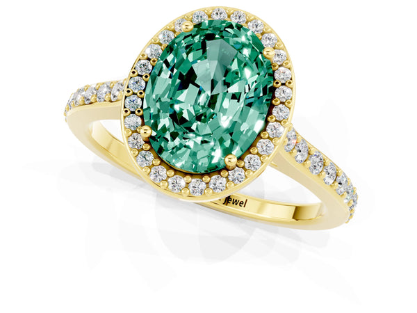 Yellow gold Oval Cut Green Sapphire Halo Engagement Ring with Round Pavé Shoulders and Prong Setting