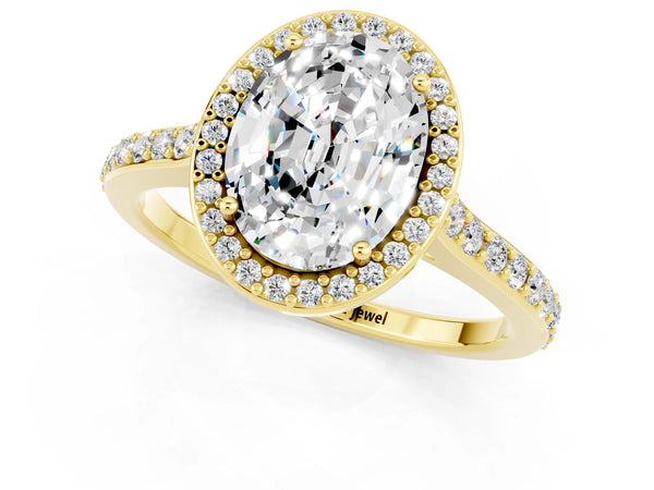 Yellow gold Oval Cut Moissanite Halo Engagement Ring with Round Pavé Shoulders and Prong Setting