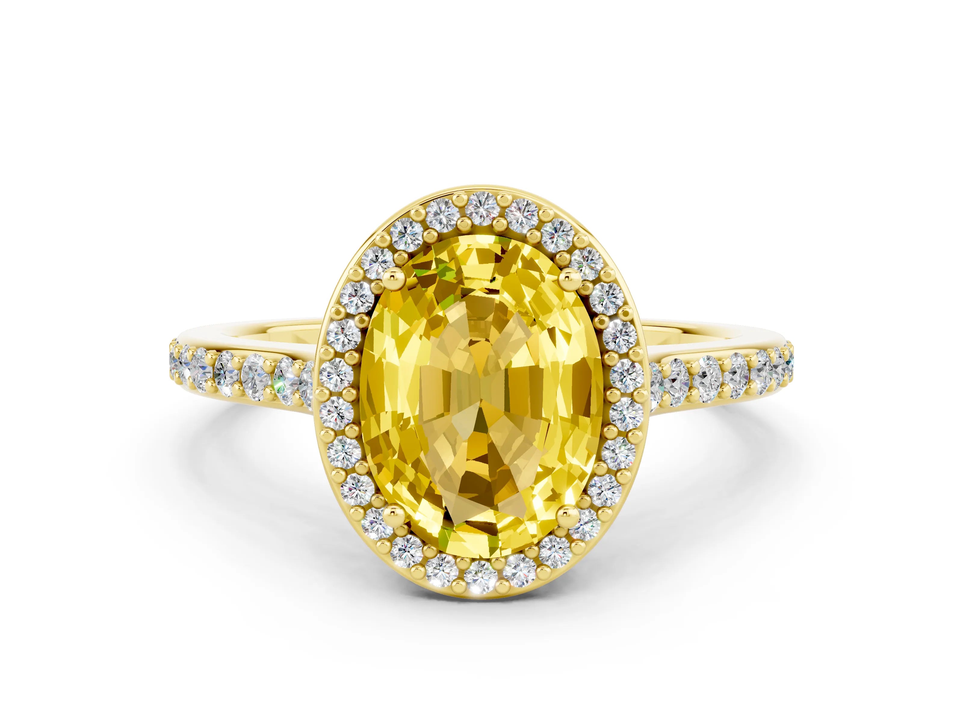 Yellow gold Oval Cut Halo Round Diamond Pavé Band with Four-Prong Setting