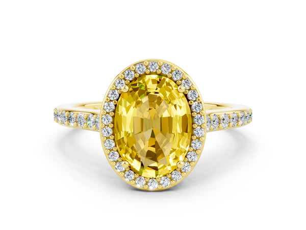 Yellow gold Oval Cut Yellow Sapphire Halo Engagement Ring with Round Pavé Shoulders and Prong Setting