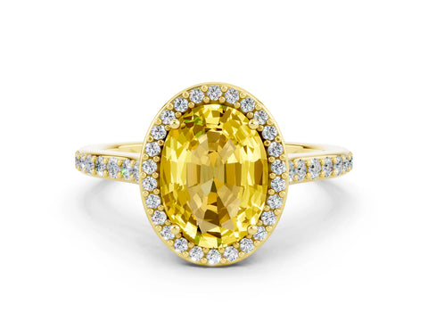 Yellow gold Oval Cut Halo Round Diamond Pavé Band with Four-Prong Setting