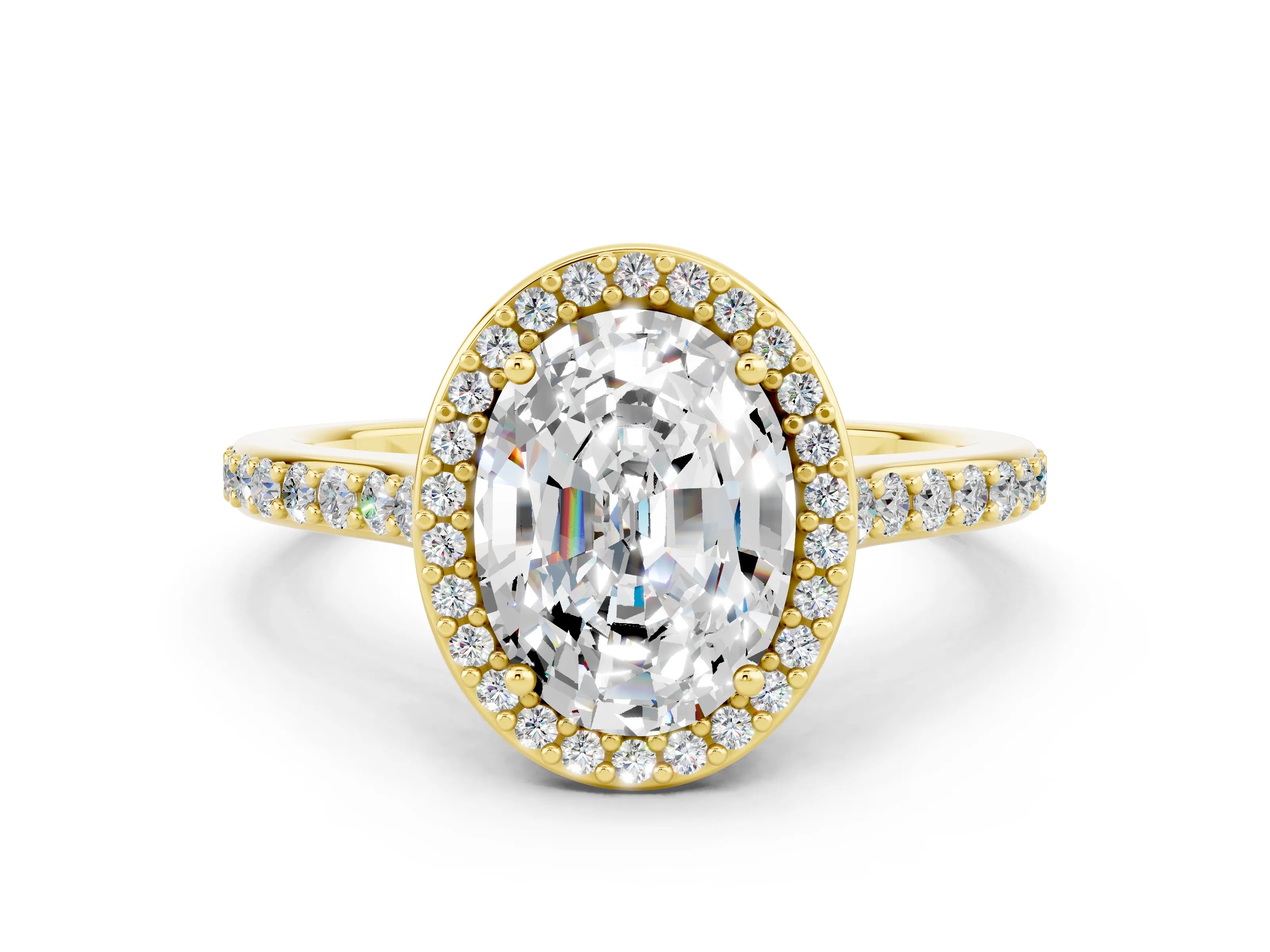 Yellow gold Oval Cut Halo Round Diamond Pavé Band with Four-Prong Setting