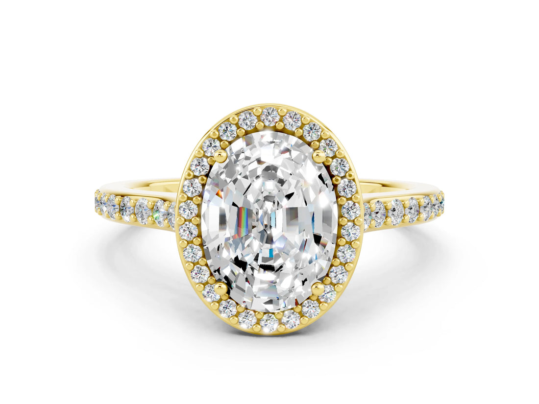Yellow gold Oval Cut Halo Round Diamond Pavé Band with Four-Prong Setting