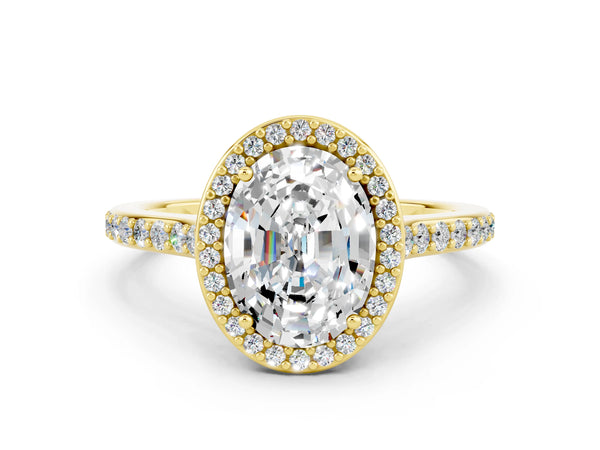 Yellow gold Oval Cut Moissanite Halo Engagement Ring with Round Pavé Shoulders and Prong Setting
