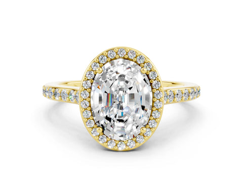 Yellow gold Oval Cut Halo Round Diamond Pavé Band with Four-Prong Setting