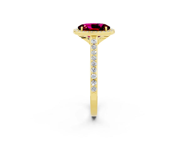 Yellow gold Oval Cut Garnet Halo Engagement Ring with Round Pavé Shoulders and Prong Setting