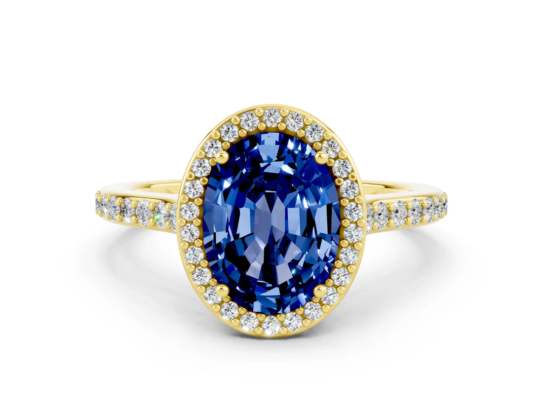 Yellow gold Oval Cut Halo Round Diamond Pavé Band with Four-Prong Setting