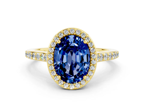 Yellow gold Oval Cut Halo Round Diamond Pavé Band with Four-Prong Setting