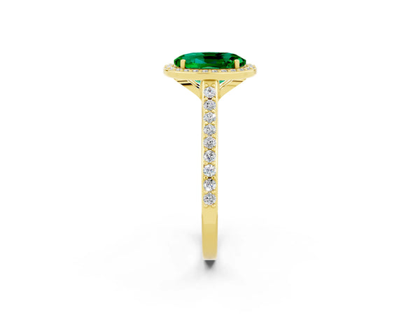 Yellow gold Oval Cut Emerald Halo Engagement Ring with Round Pavé Shoulders and Prong Setting