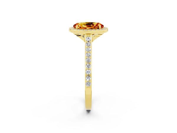 Yellow gold Oval Cut Citrine Halo Engagement Ring with Round Pavé Shoulders and Prong Setting