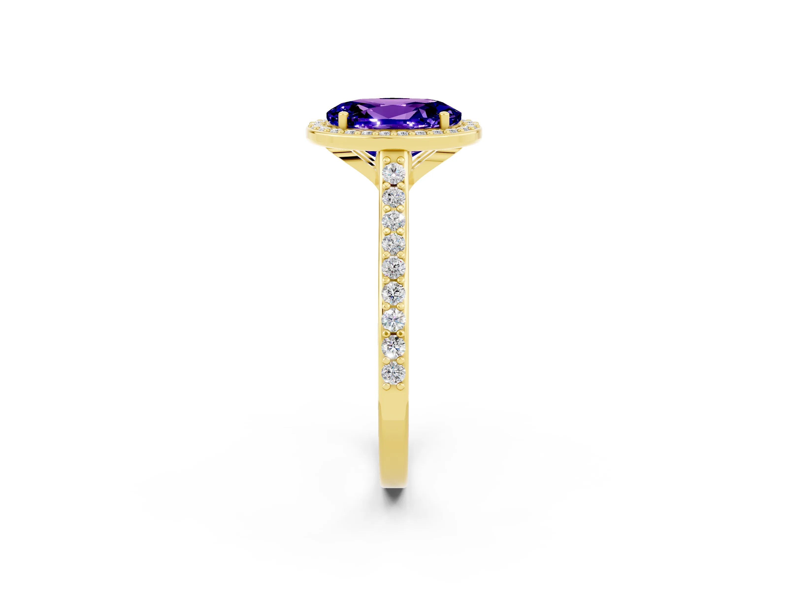 Yellow gold Oval Cut Halo Round Diamond Pavé Band with Four-Prong Setting_2