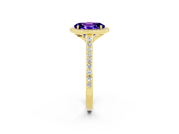 Yellow gold Oval Cut Tanzanite Halo Engagement Ring with Round Pavé Shoulders and Prong Setting