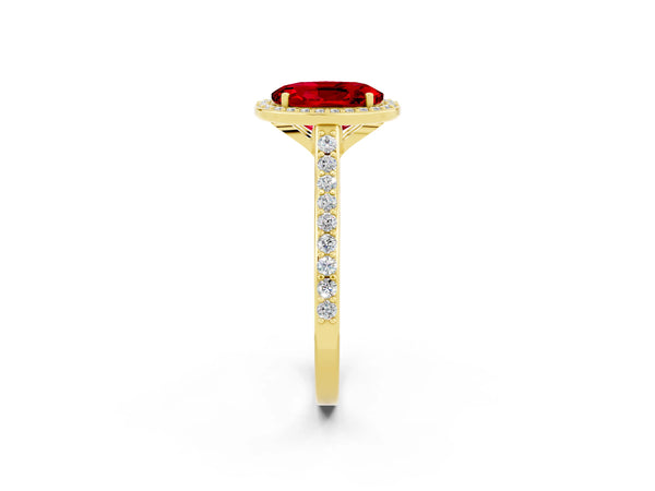 Yellow gold Oval Cut Halo Round Diamond Pavé Band with Four-Prong Setting