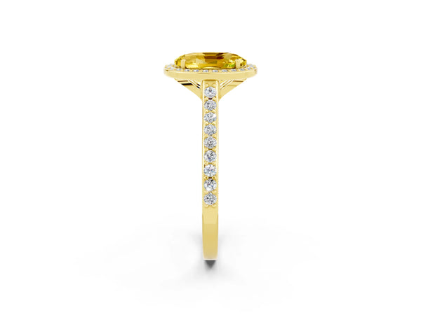 Yellow gold Oval Cut Yellow Sapphire Halo Engagement Ring with Round Pavé Shoulders and Prong Setting