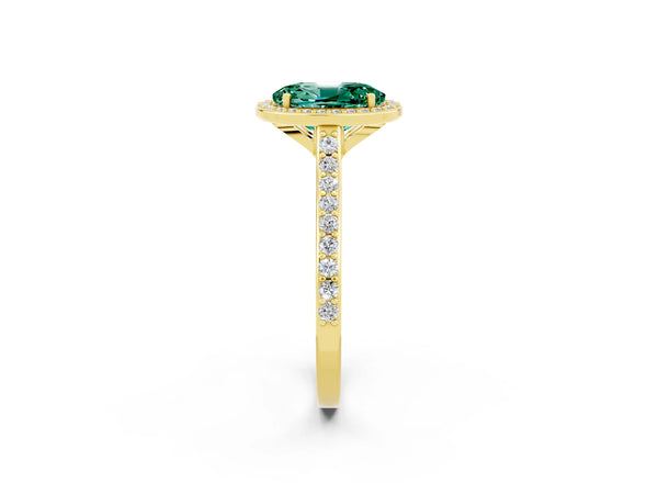 Yellow gold Oval Cut Green Sapphire Halo Engagement Ring with Round Pavé Shoulders and Prong Setting